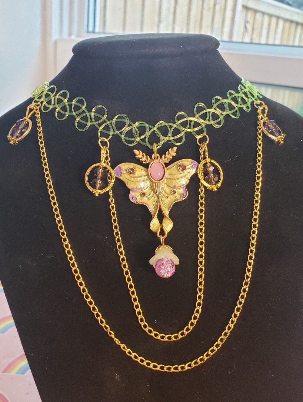 Super Cute Handmade Jewelry Choker / Necklace With Moth Charm & Chains & Beads